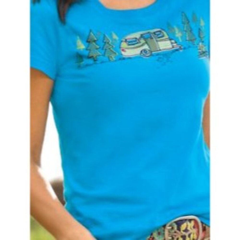 Sahalie shirt top Women Camper Trees Blue Short Sleeve NEW Size 1X 100% cotton